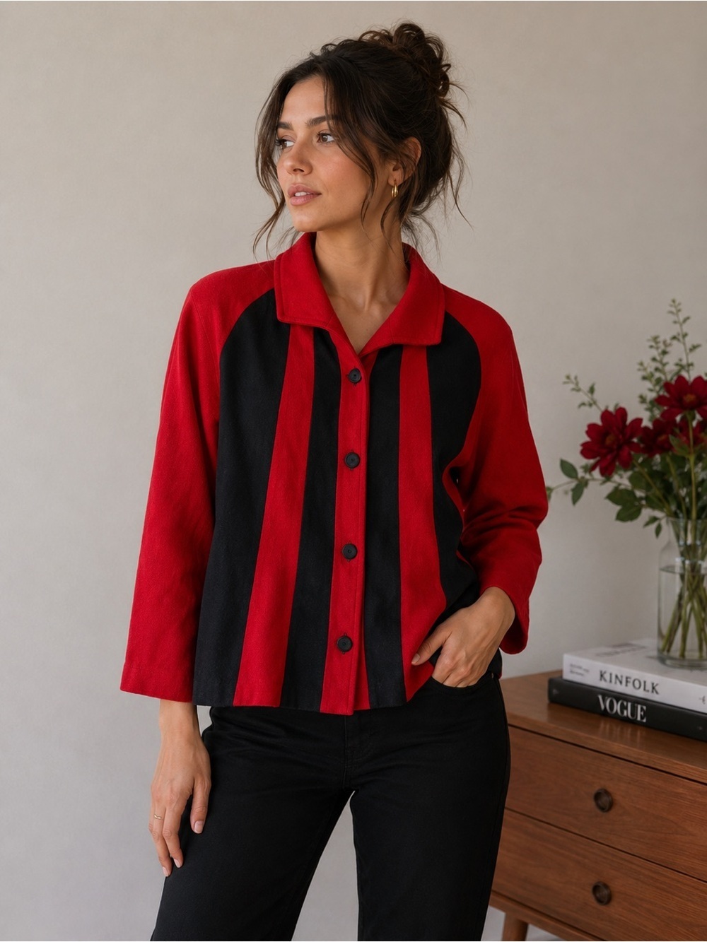 Ramy Brook Vintage 80s Vibrant Red and Black Colorblock Striped Blazer Size 38